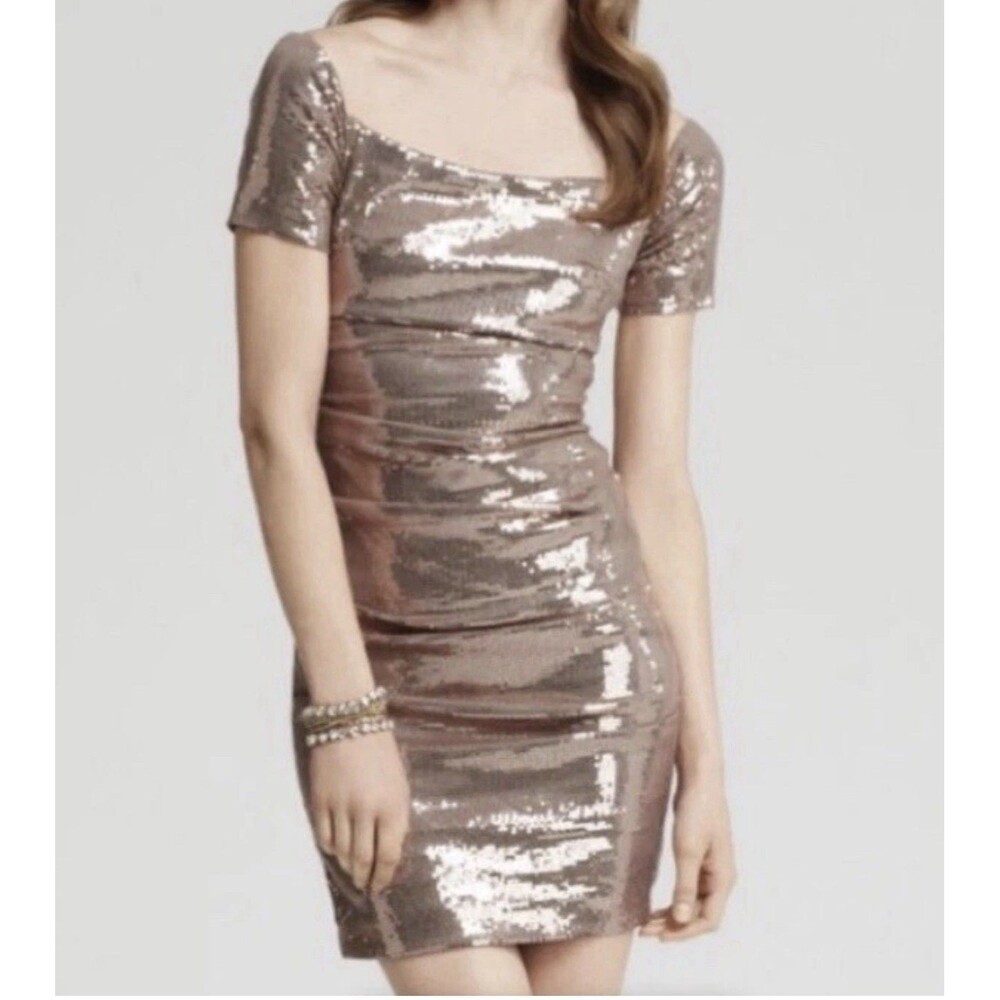 Nicole Miller Dress Women's Size 6 Gold/Rose Sequin Off Shoulder Party Rave Rich